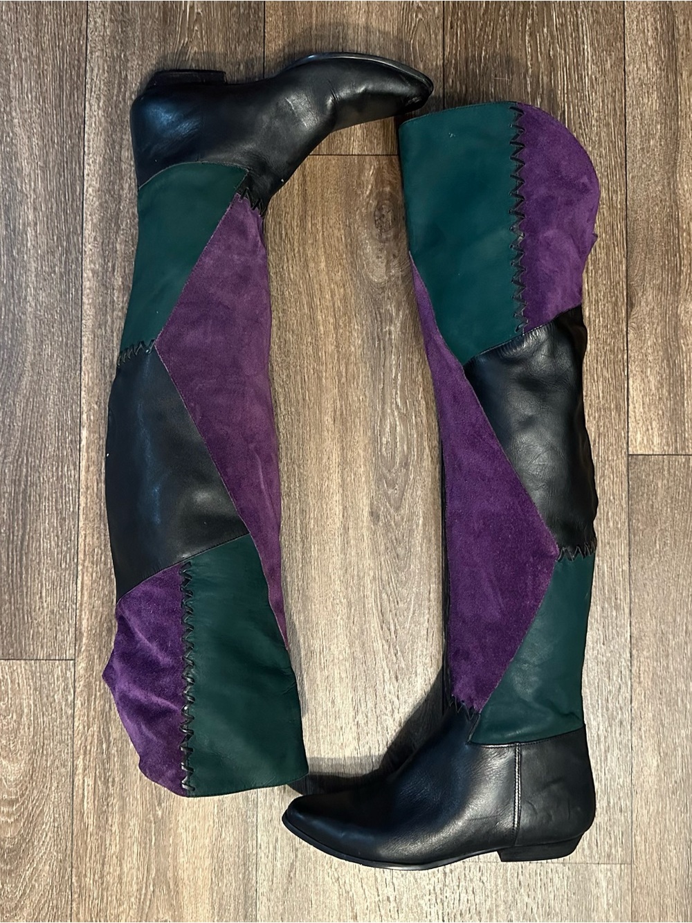 Flings “Marisa” purple, green, black patchwork suede/leather knee-high boots 8